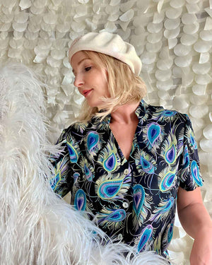Blue Peacock Feather Silk Blouse
